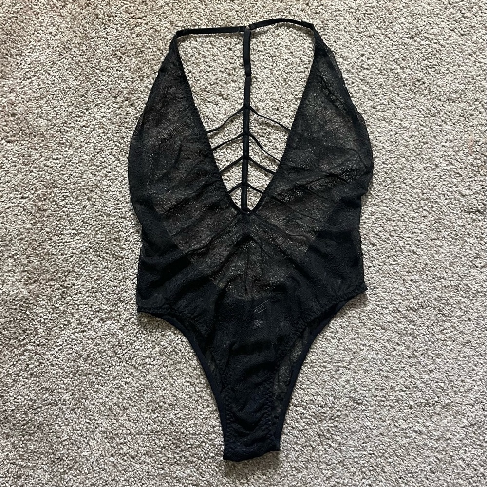 Victoria's Secret Black Lace Strappy Plunge Bodysuit